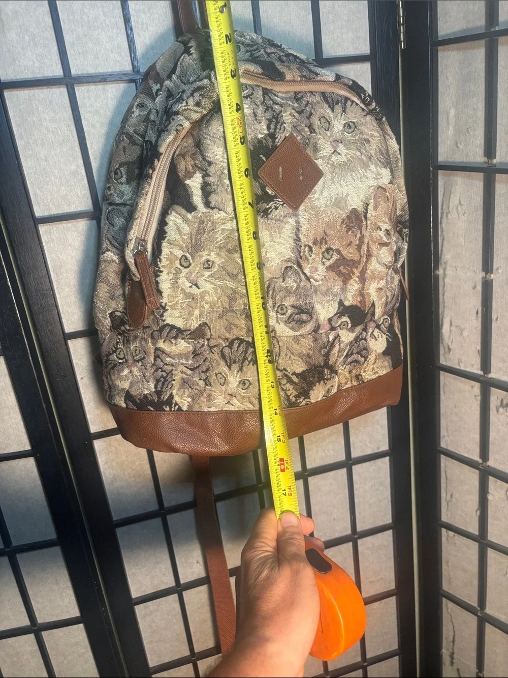 Brown & Multicolor Cat Print Tapestry Backpack